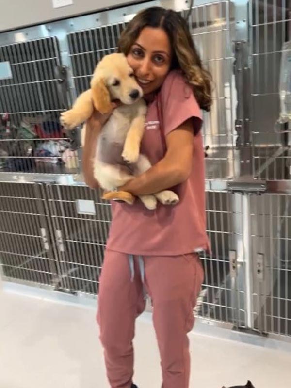 Portrait of young woman and veterinarian in pink medical suit